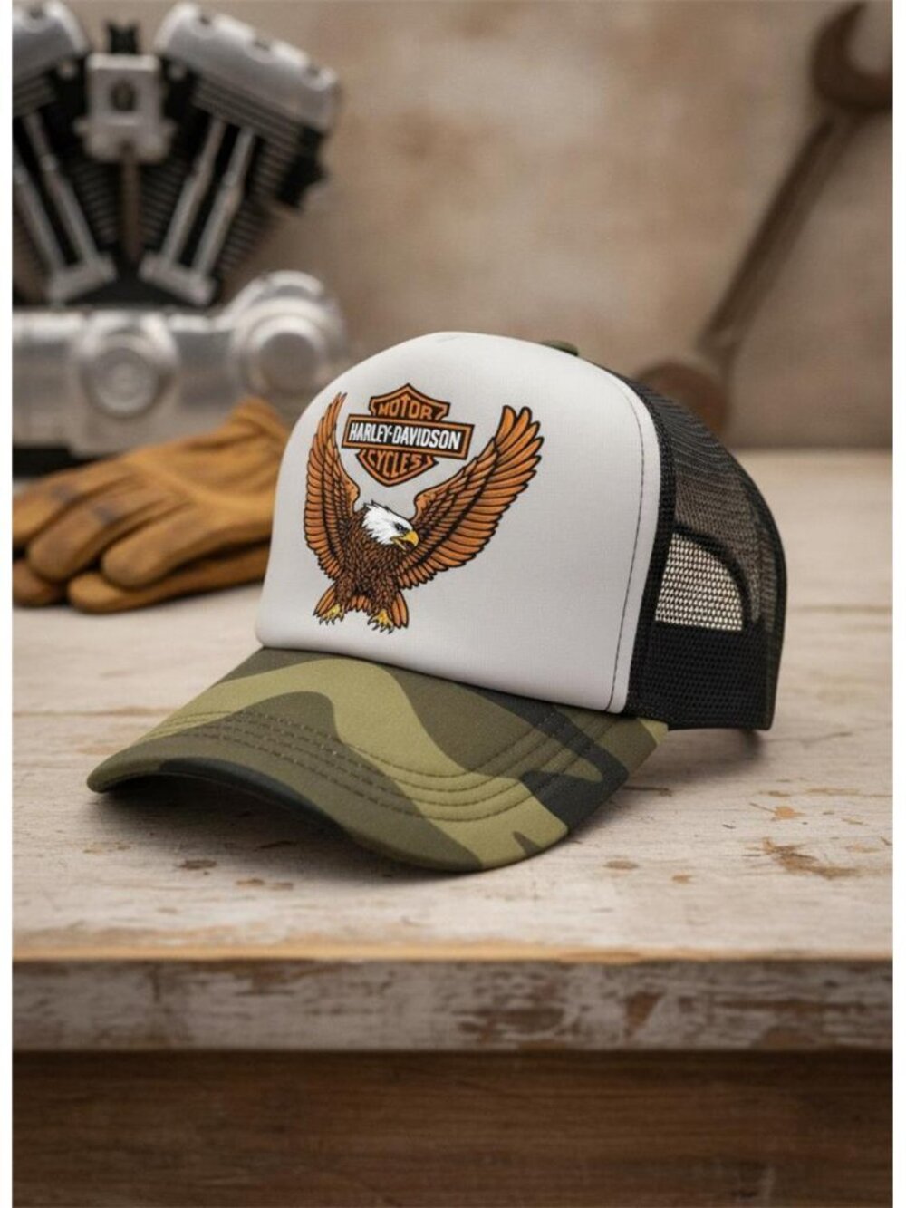 Retro Harley Trucker Hat Screamin Eagle Print Camo White Foam Snapback 80s Biker